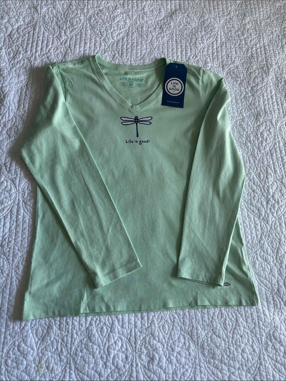 NWT Life Is Good Mint V-Neck Long Sleeve Tee Dragonfly Graphic Size M Women’s - Picture 3 of 10